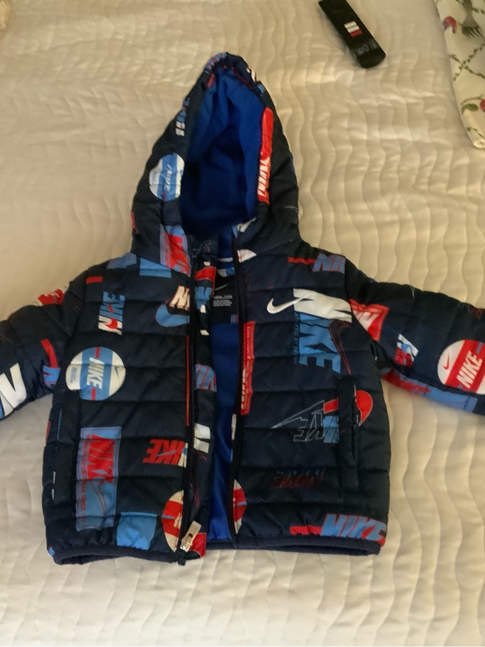 Nike Kids Navy Hooded Puffer Jacket with Red & Light Blue Logos